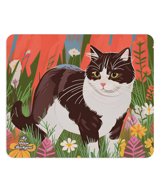 Computer Mouse Pad, Non-slip rubber bottom, Cat w Wildflowers