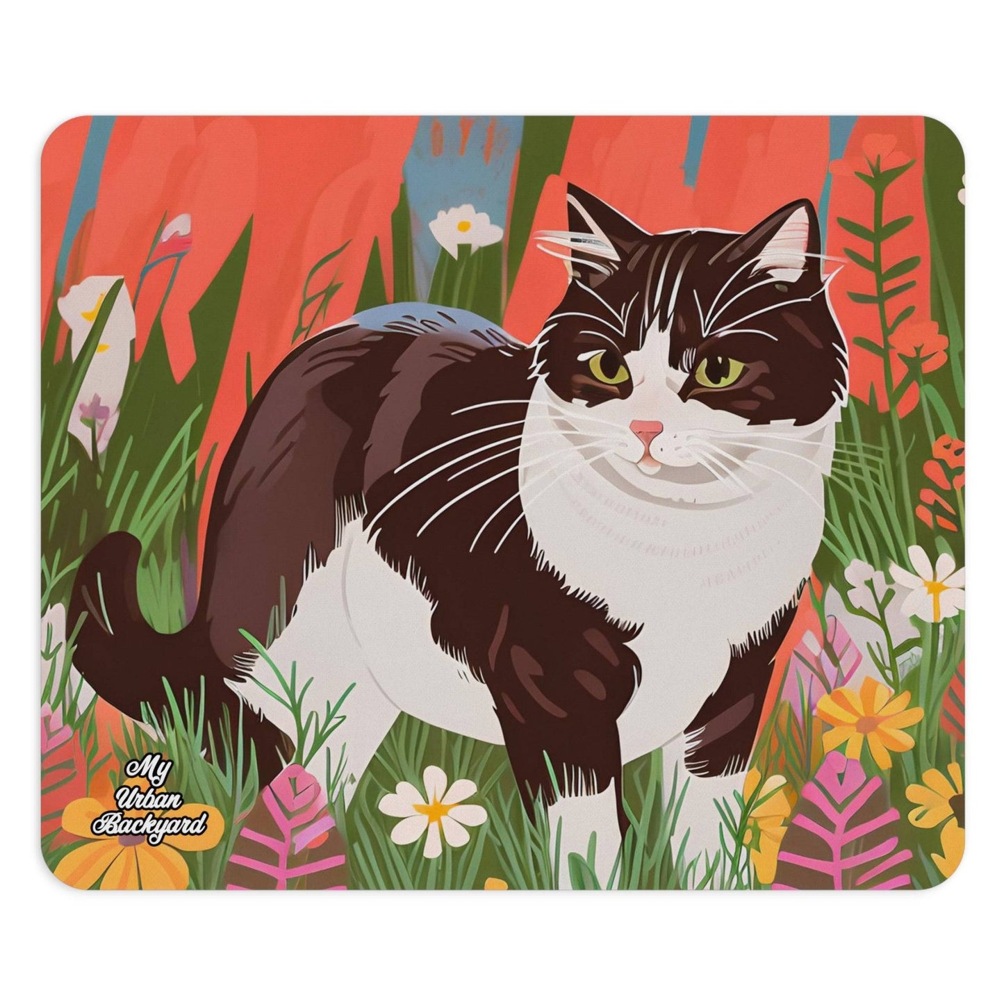 Computer Mouse Pad, Non-slip rubber bottom, Cat w Wildflowers