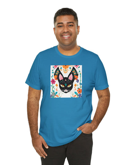 Black Cat w Green Eyes & Flowers, Soft 100% Jersey Cotton T-Shirt, Unisex, Short Sleeve, Retail Fit
