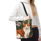 Orange Cat with Flowers, Tote Bag w Cotton Handles