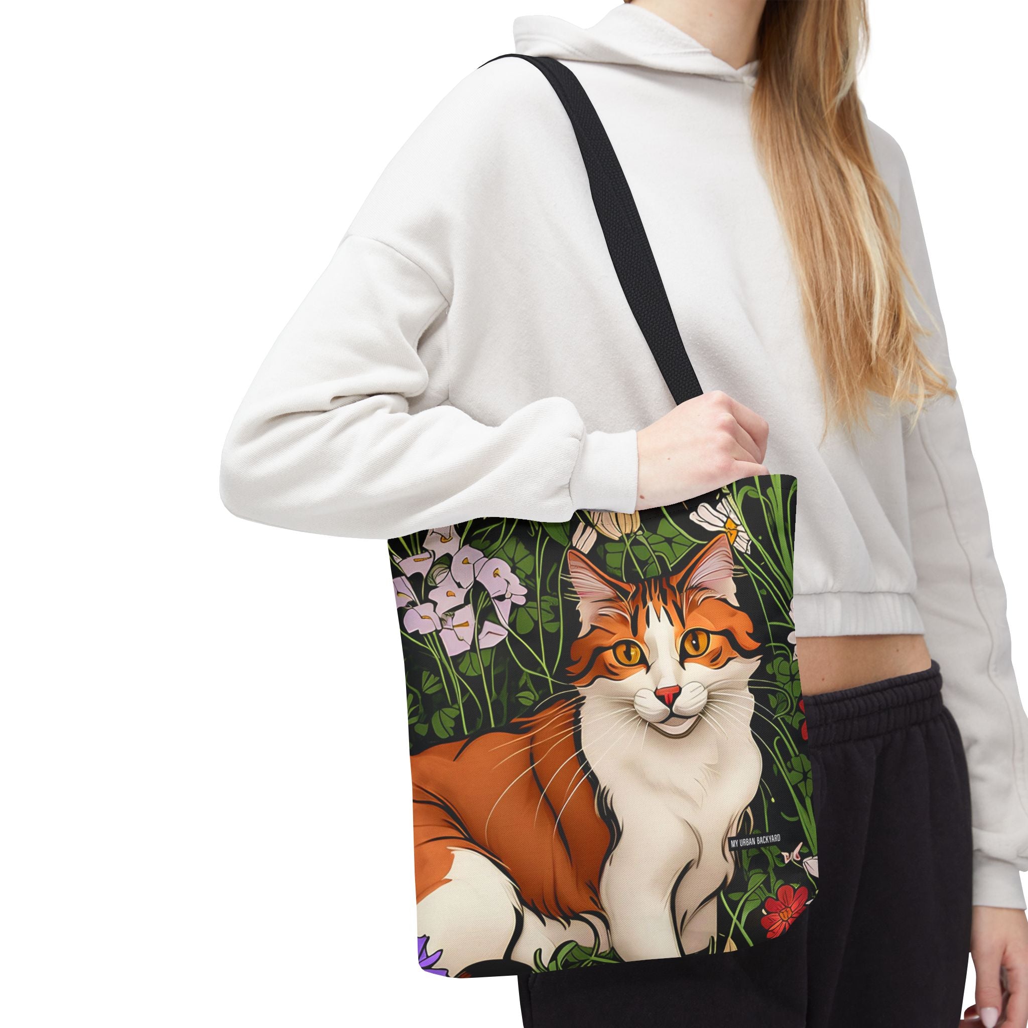 Orange Cat with Flowers, Tote Bag w Cotton Handles