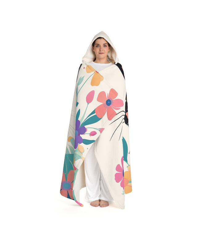 Black Cat with Pastel Flowers, Cozy Hooded Sherpa Fleece Blanket