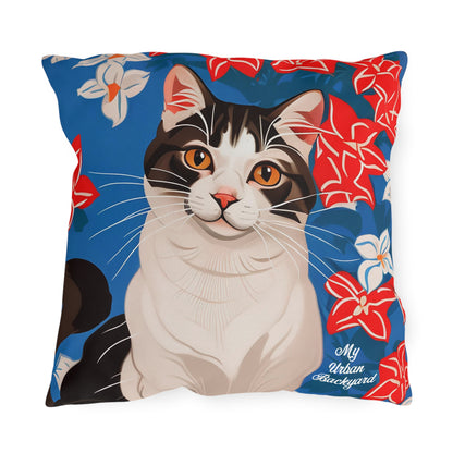 Cat with Red White & Blue Flowers, Versatile Throw Pillow - Home or Office Decor