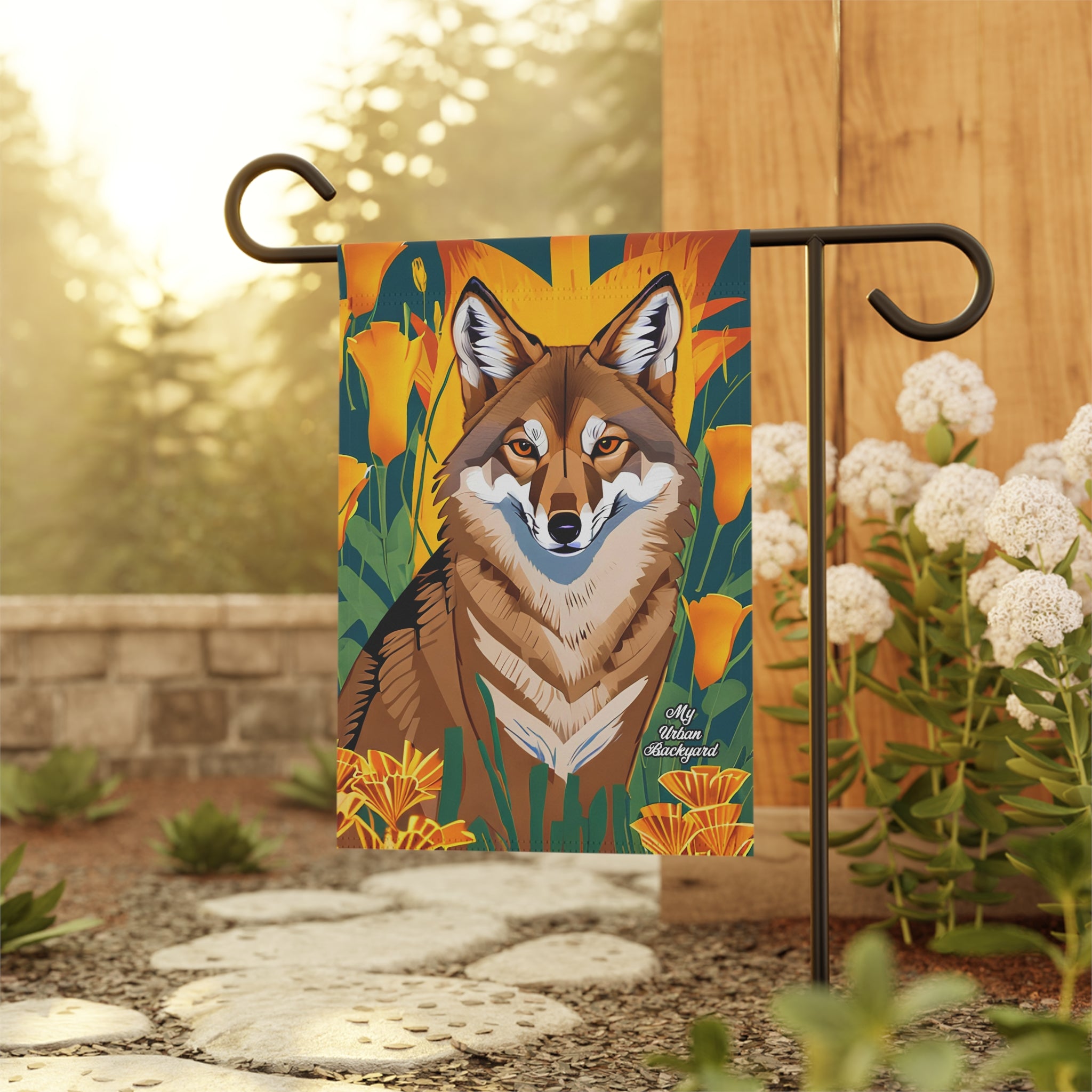 Coyote and Orange Flowers, Garden Flag