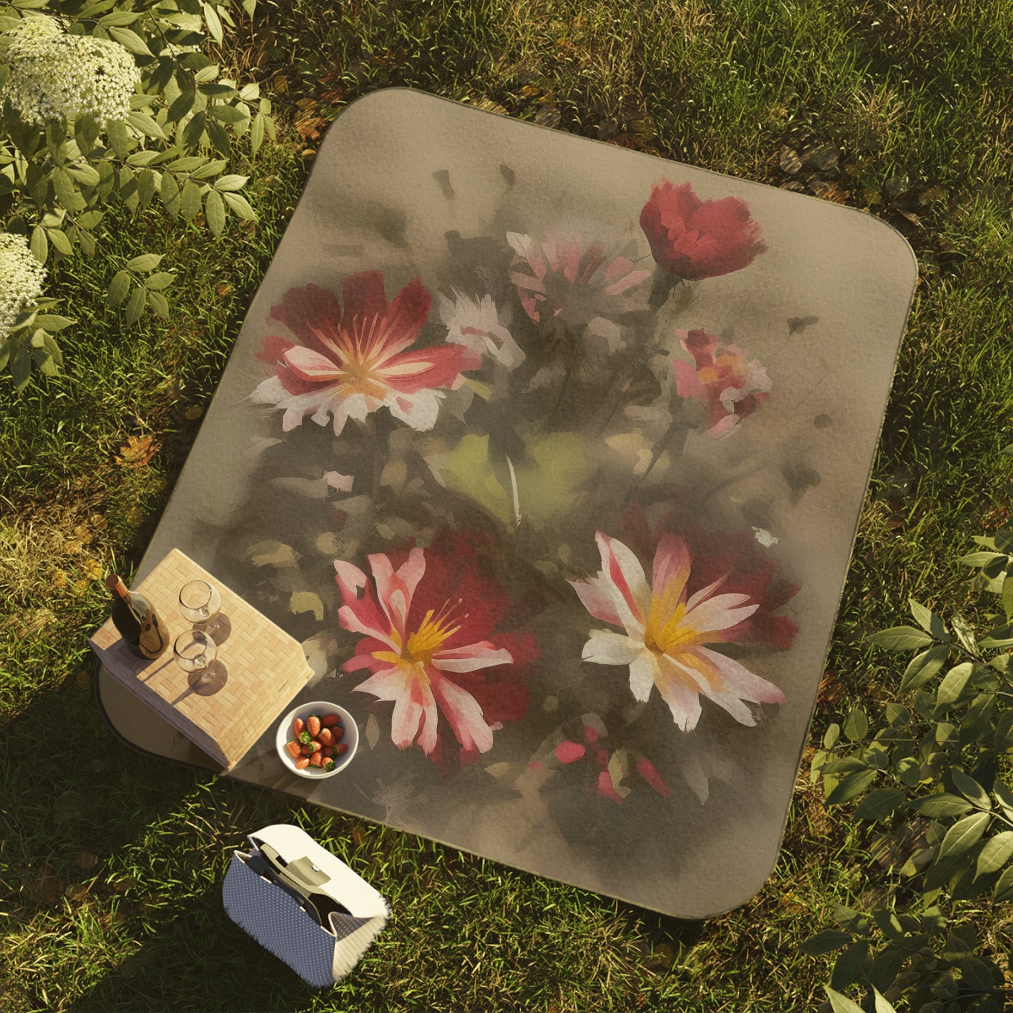 Watercolor Wildflowers, Cozy Outdoor Picnic Blanket, Water-Resistant Bottom, 51" × 61"