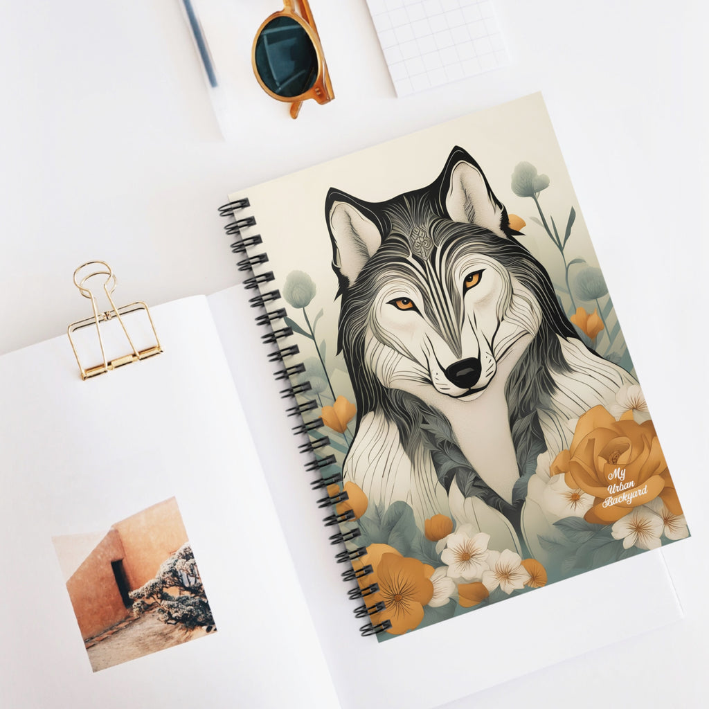 Orange-Eyed Wolf, Spiral Notebook Writing Journal - 118 Ruled Pages