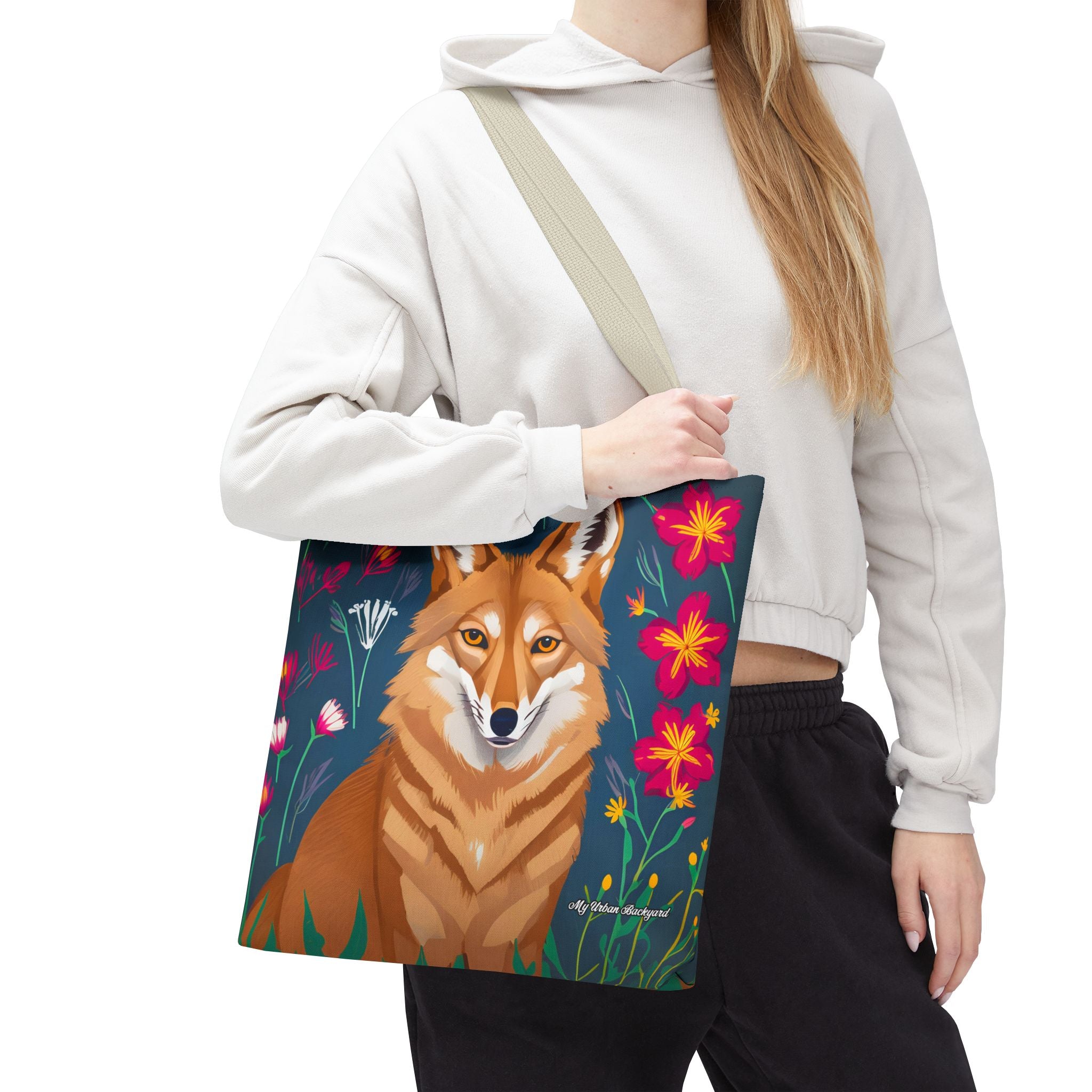 Coyote w Red Flowers Tote Bag with Cotton Handles For Everyday Use, 3 Sizes