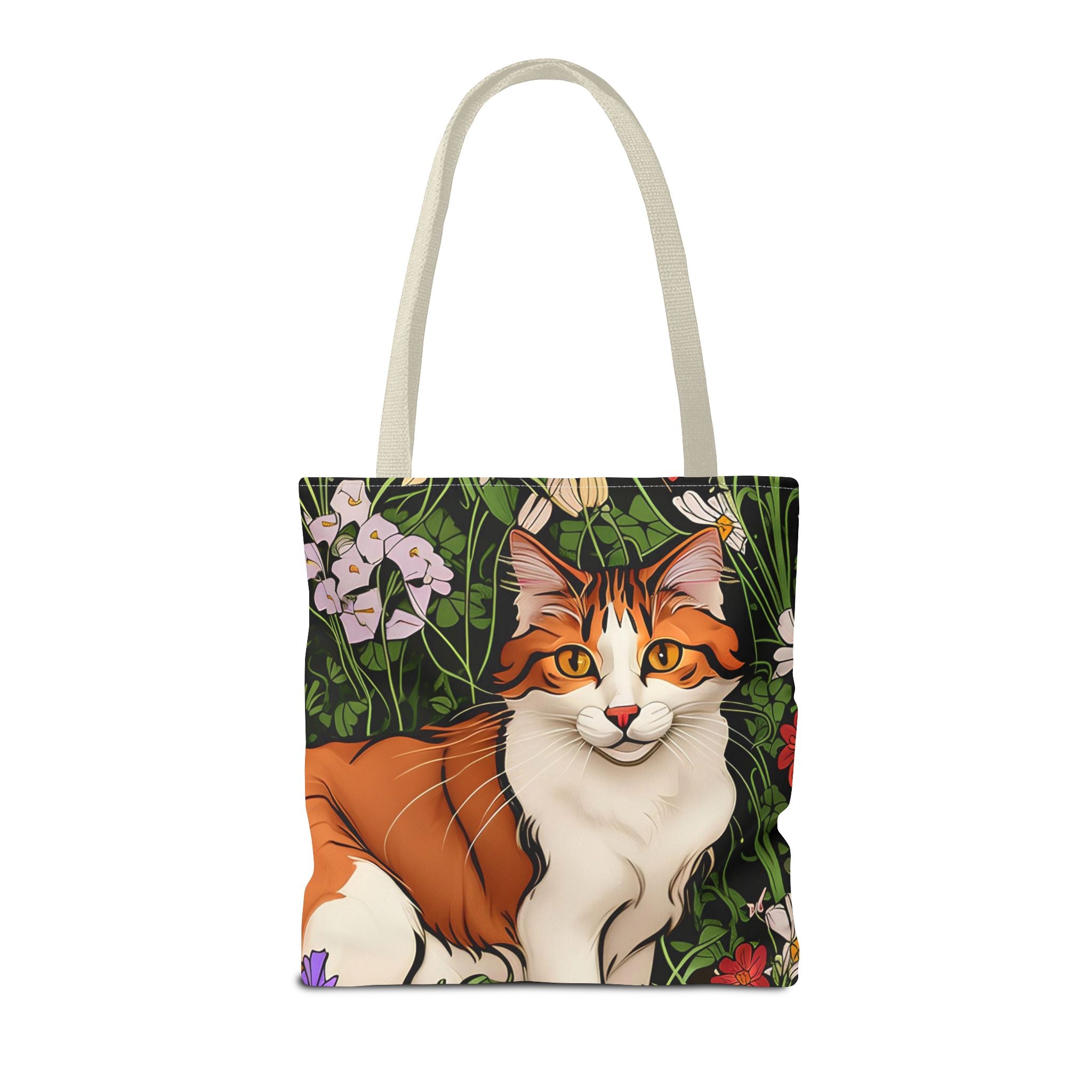 Orange Cat with Flowers, Tote Bag w Cotton Handles