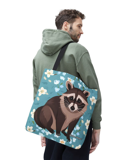 Young Raccoon w Flowers Tote Bag with Cotton Handles For Everyday Use, 3 Sizes