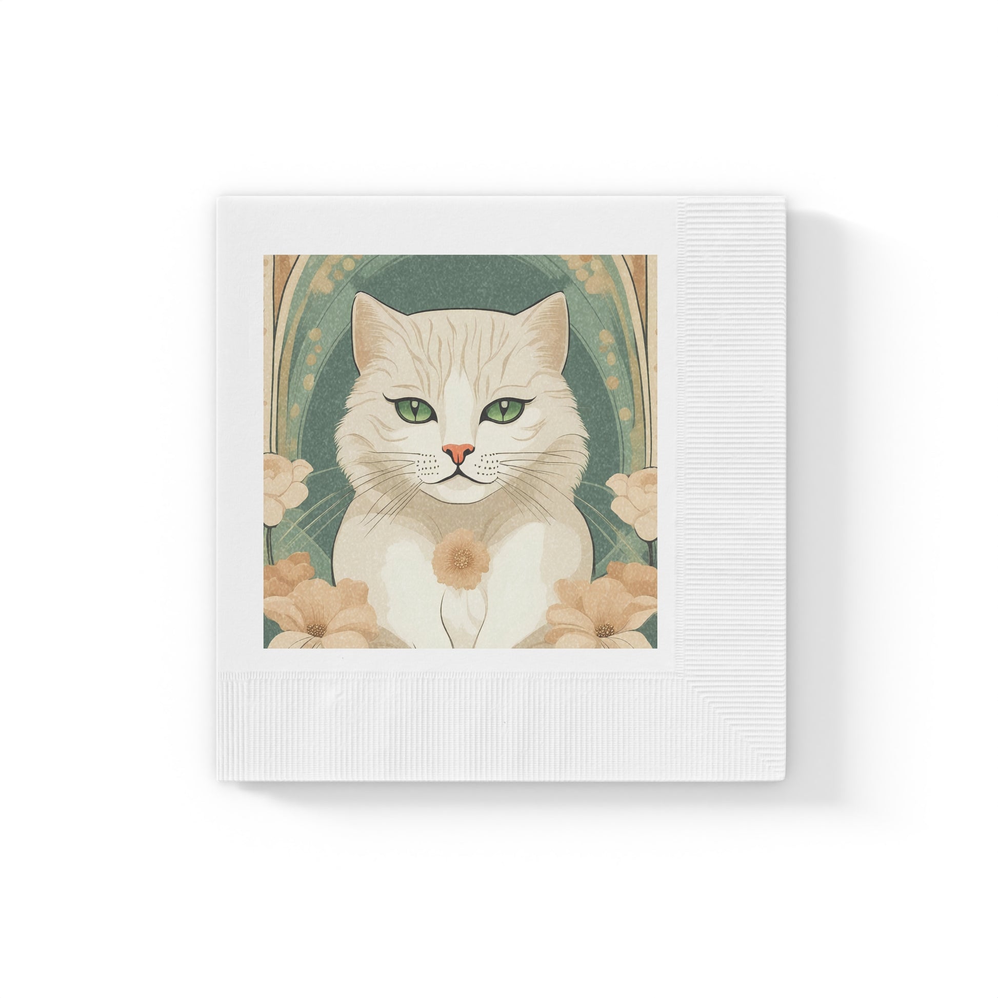 Blanca Purrington, Cat Party Paper Napkins — Vintage Green Floral Design, 2 sizes, Pack of 50 or 100