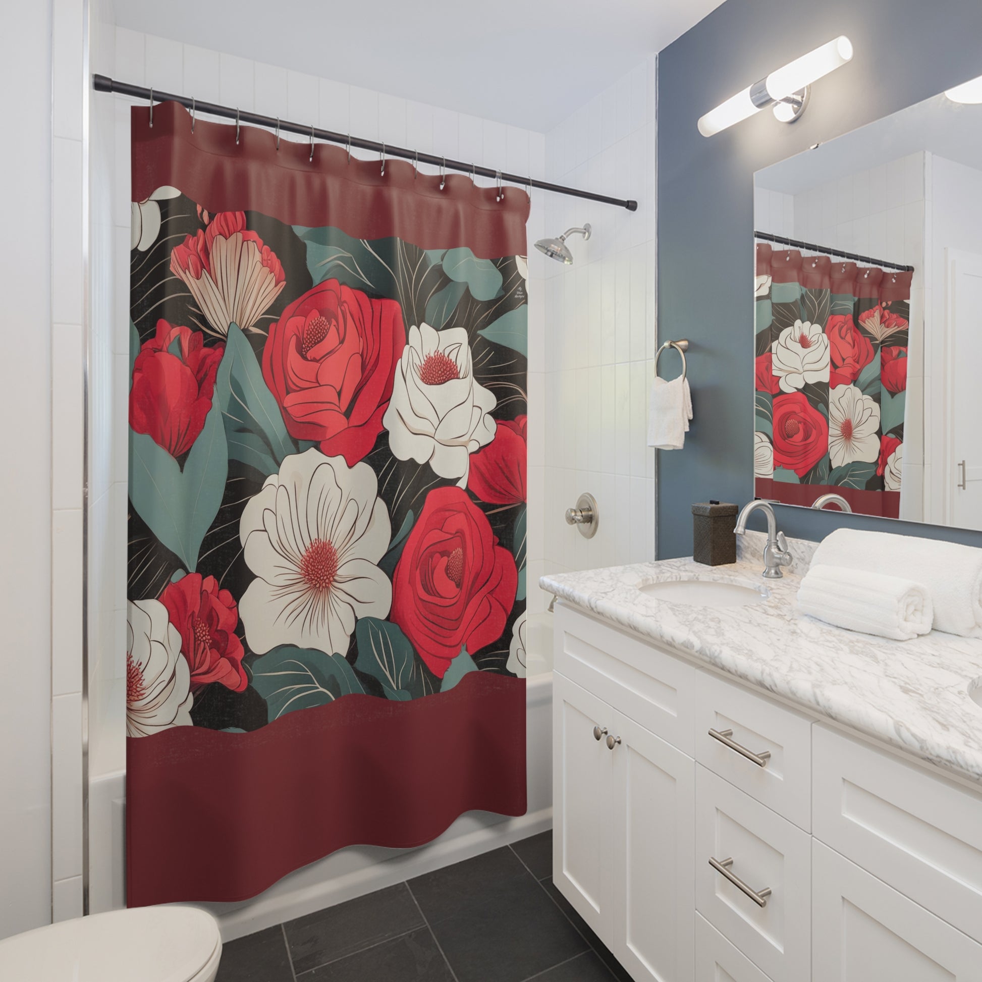 Floral Shower Curtain, Boho Bathroom Decor, Flower Pattern, Home Decor, Gift for Her, Romantic Style, Maroon accent color - 71" x 74"