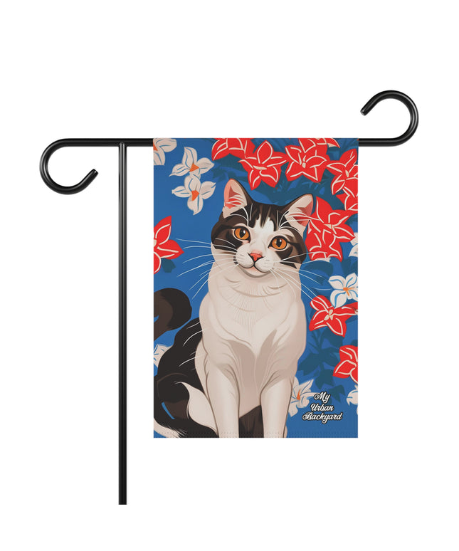 Cat with Red & White Flowers, Garden Flag for Yard, Patio, Porch, or Work, 12"x18" - Flag only