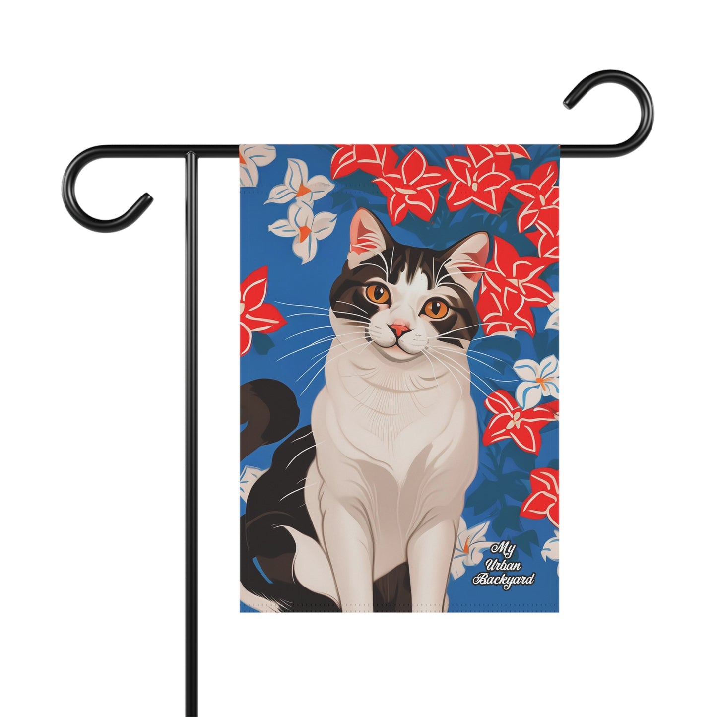 Cat with Red & White Flowers, Garden Flag for Yard, Patio, Porch, or Work, 12"x18" - Flag only