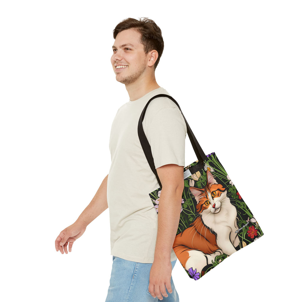Orange Cat with Flowers Tote Bag with Cotton Handles For Everyday Use, 3 Sizes