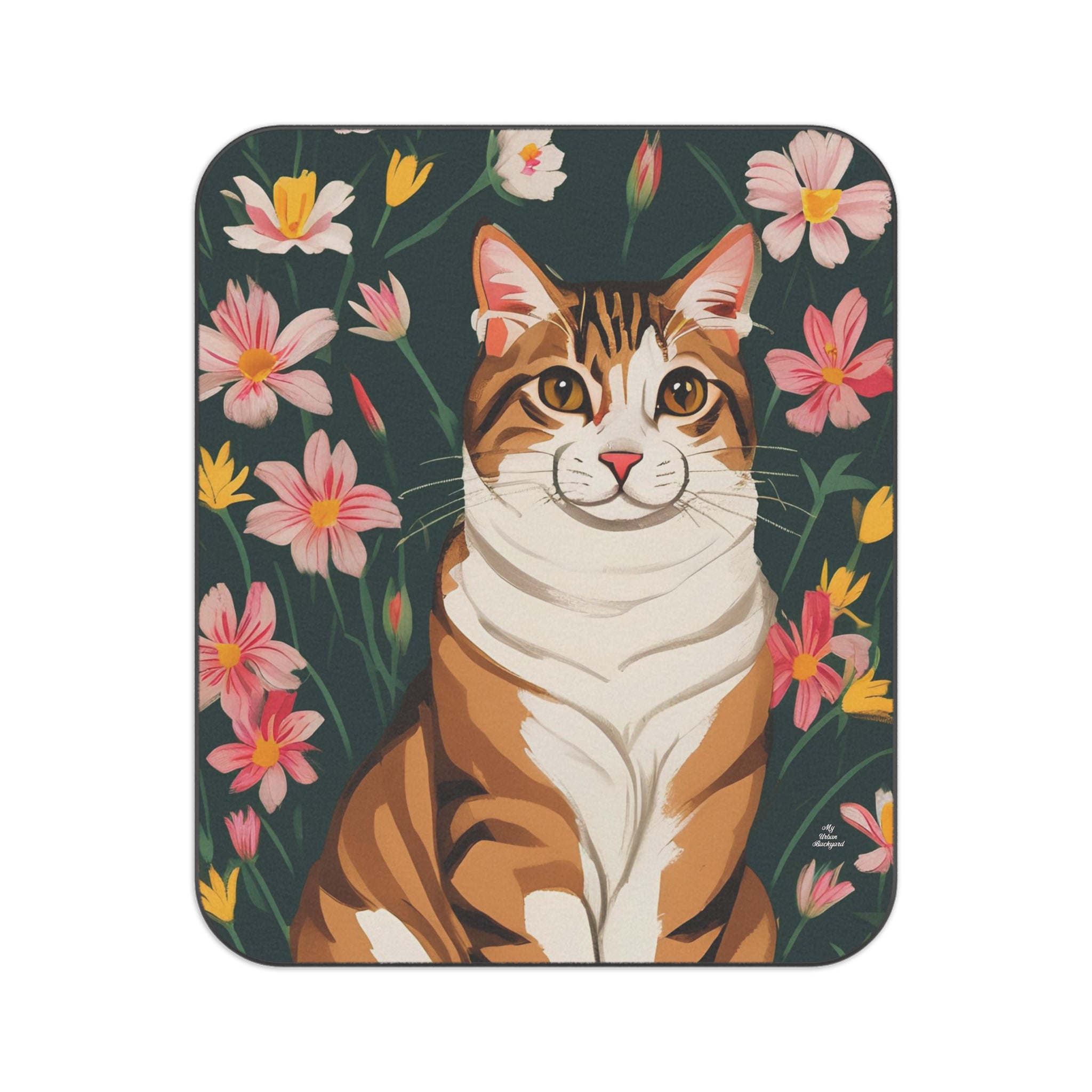 Cat and Pink Flowers, Cozy Outdoor Picnic Blanket, Water-Resistant Bottom, 51" × 61"