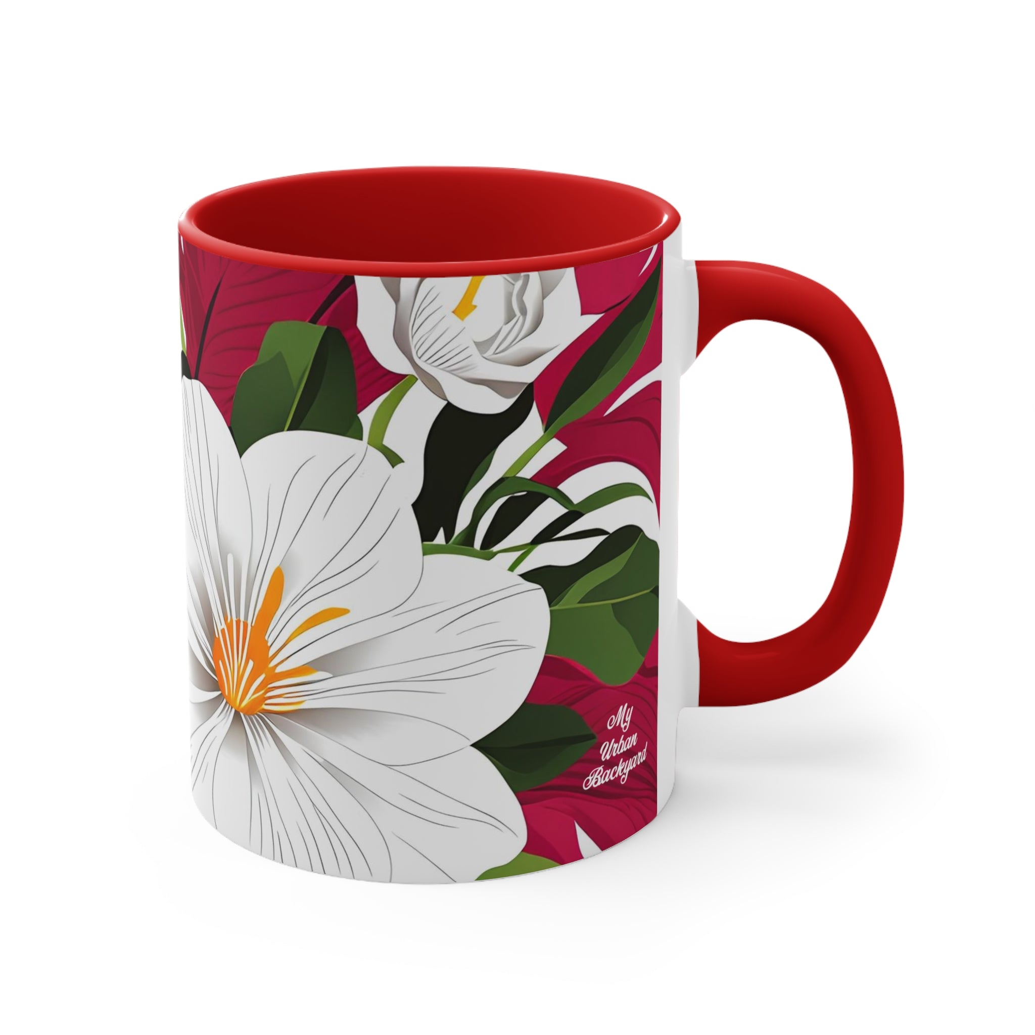 White Flowers on Red, Ceramic Coffee Mug