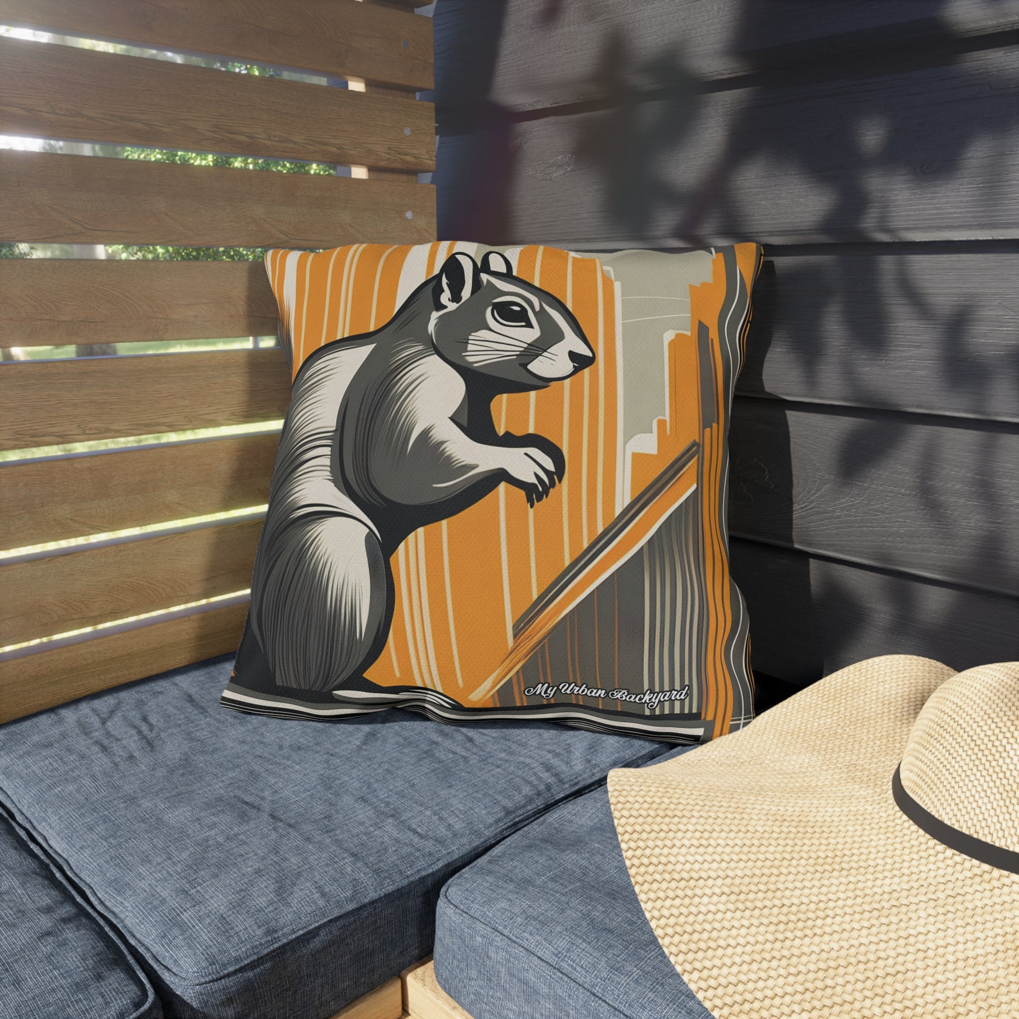 Art Deco Squirrel, Black accent color, Throw Pillow, Indoor/Outdoor Decor for Home or Office