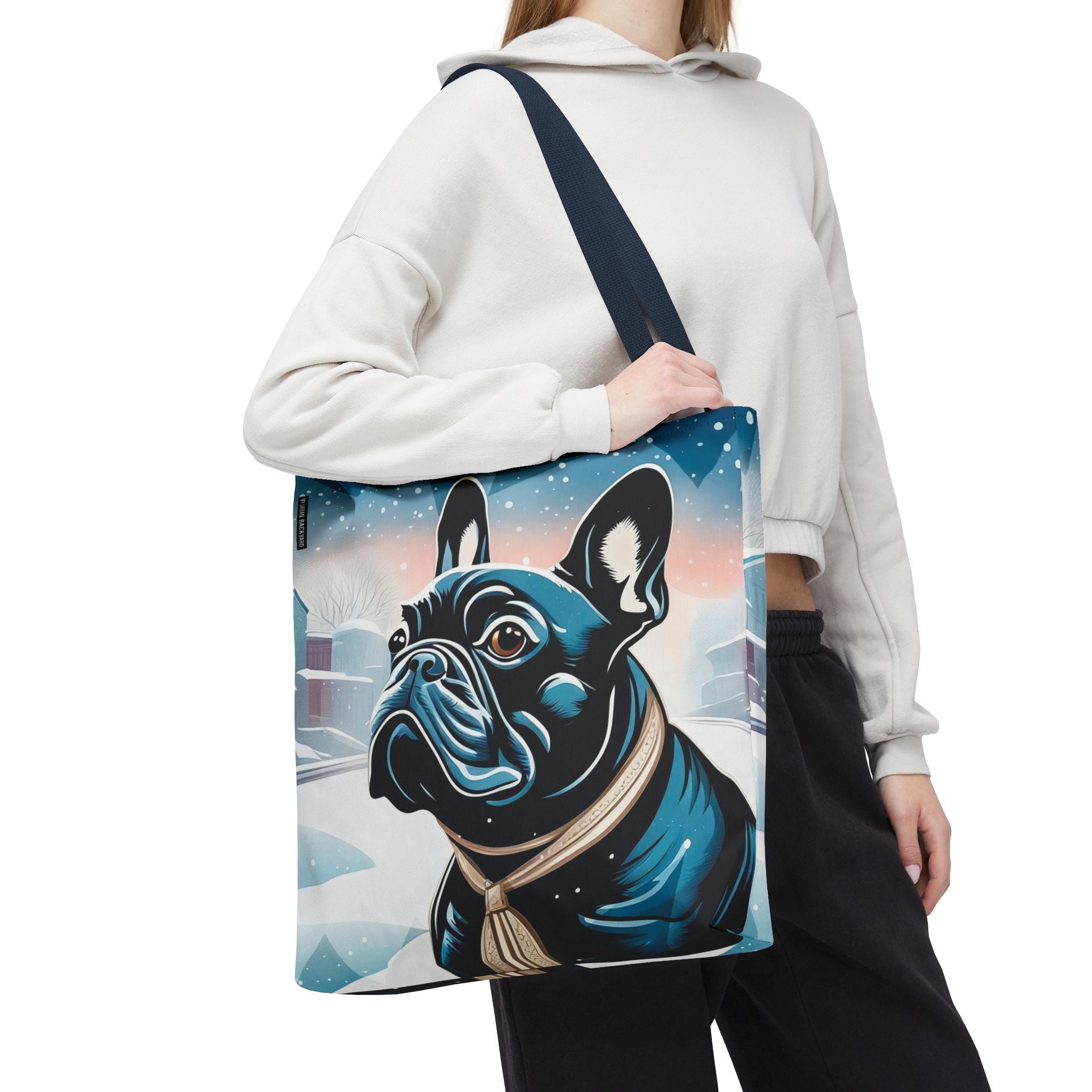 French Bulldog Winter Tote Bag — Snowy Pup All-Over Print Tote