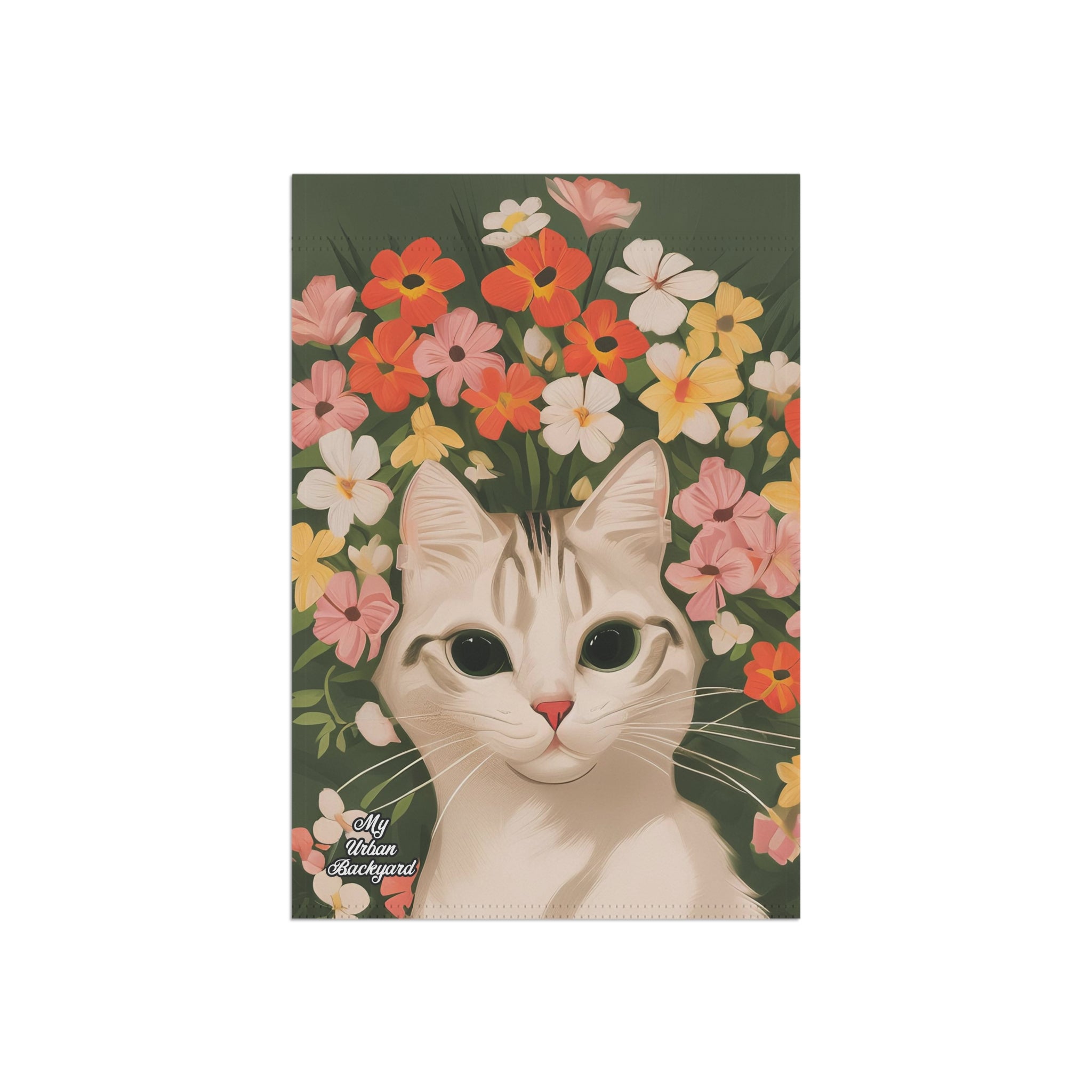 White Cat and Flowers, Garden Flag
