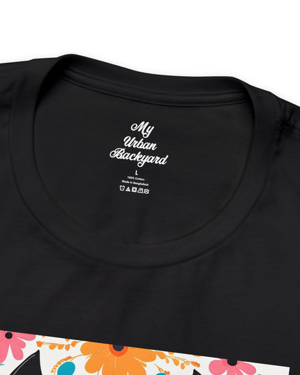 Black Cat w Green Eyes & Flowers, Soft 100% Jersey Cotton T-Shirt, Unisex, Short Sleeve, Retail Fit
