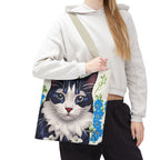 Cat and Blue Flowers Tote Bag with Cotton Handles For Everyday Use, 3 Sizes