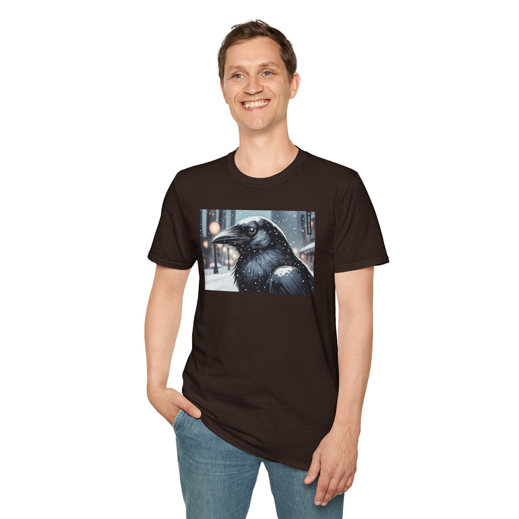 Urban Crow In Falling Snow T-Shirt — Winter Crow Graphic Tee