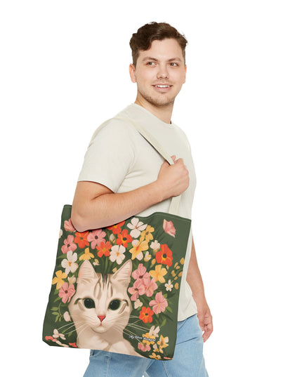 White Cat with Flowers Tote Bag with Cotton Handles For Everyday Use, 3 Sizes