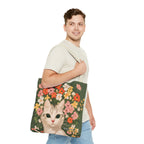White Cat with Flowers Tote Bag with Cotton Handles For Everyday Use, 3 Sizes