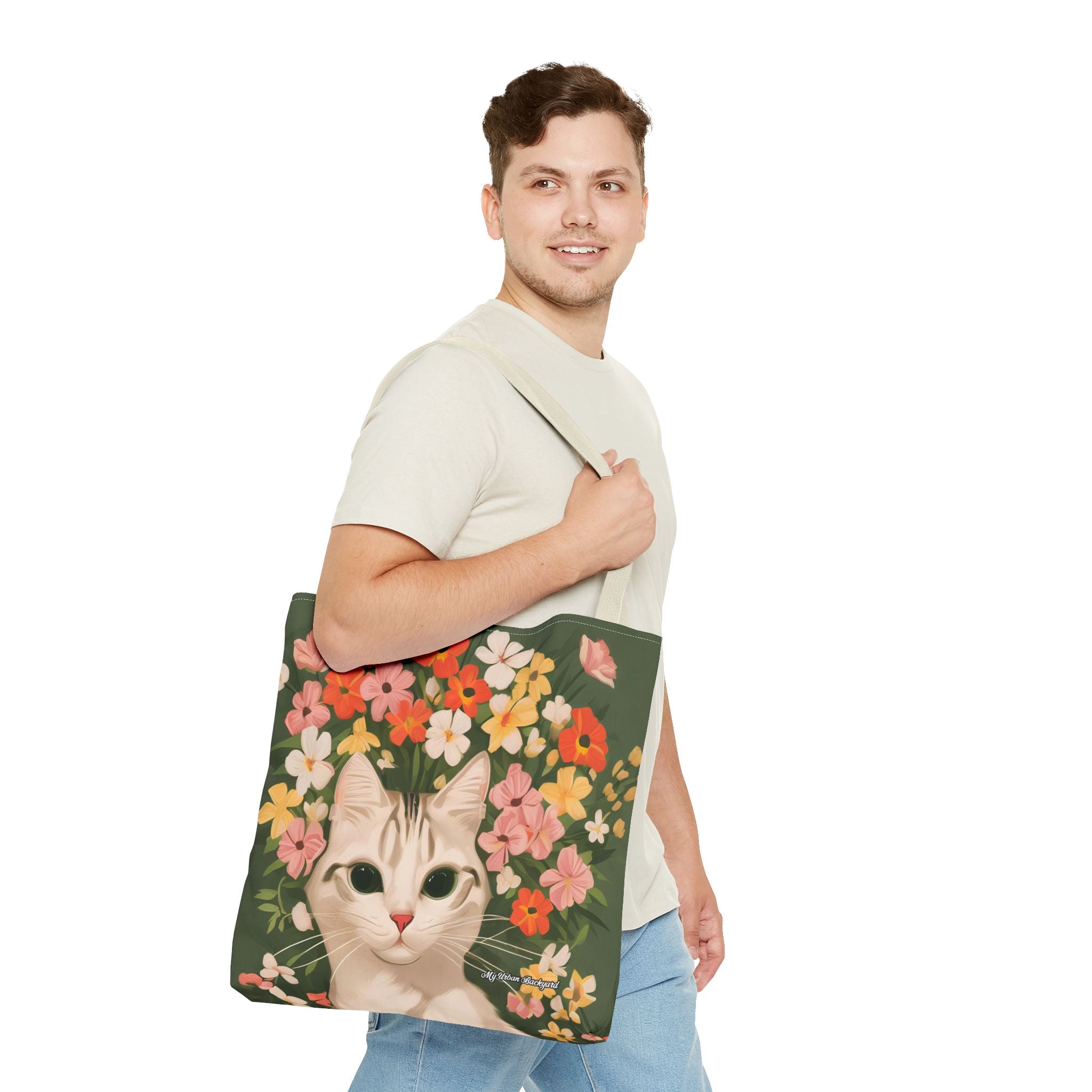 White Cat with Flowers Tote Bag with Cotton Handles For Everyday Use, 3 Sizes