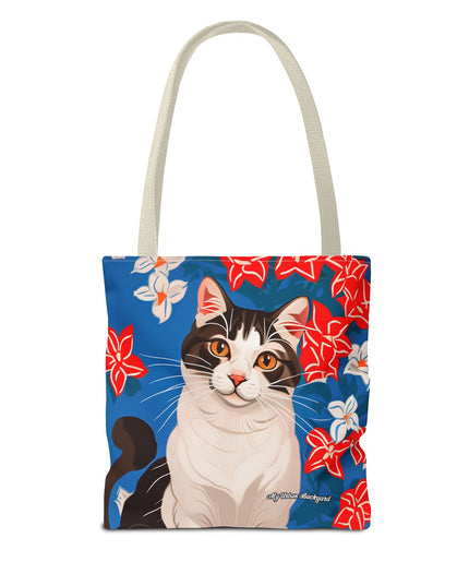 Cat and Red White & Blue Flowers Tote Bag with Cotton Handles For Everyday Use, 3 Sizes