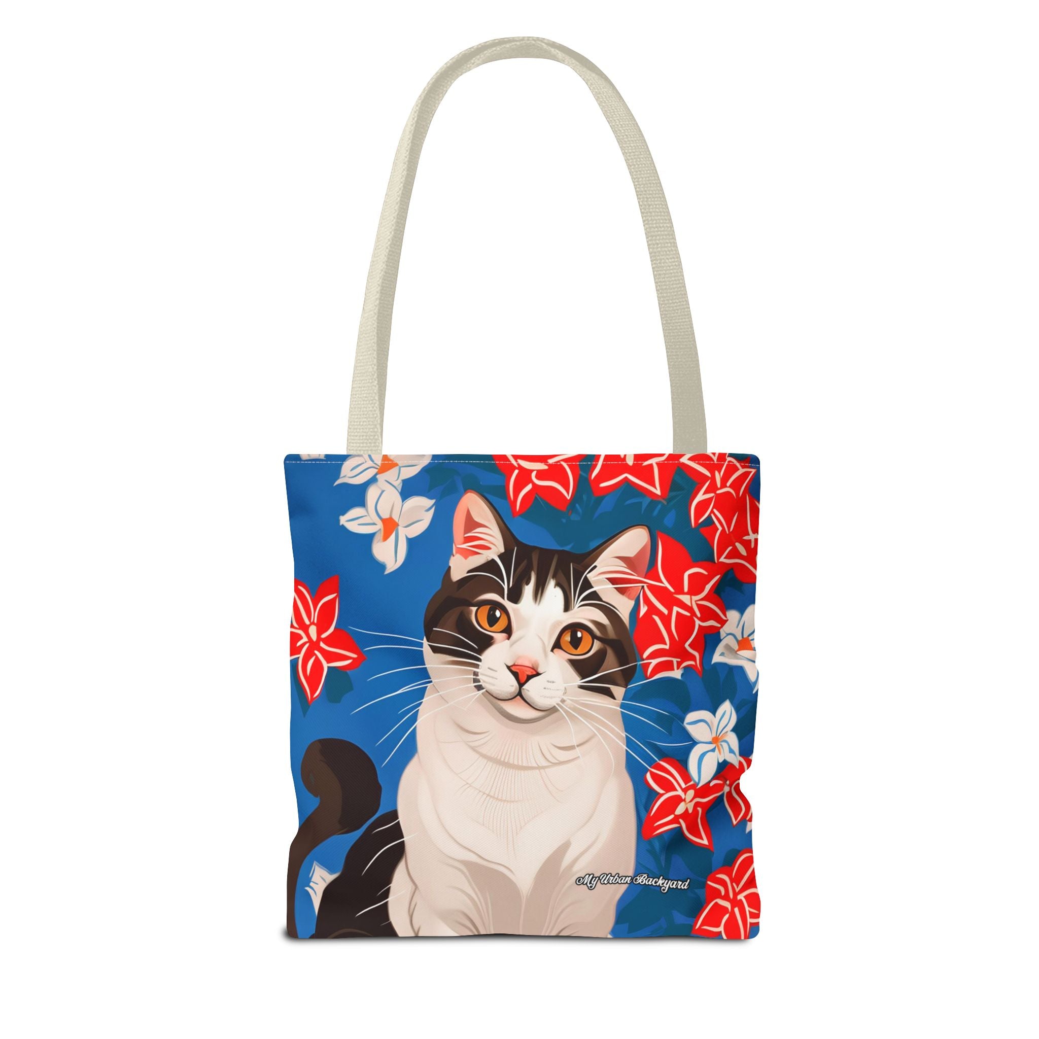 Cat with Red and White Flowers, Tote Bag with Cotton Handles For Everyday Use, 3 Sizes
