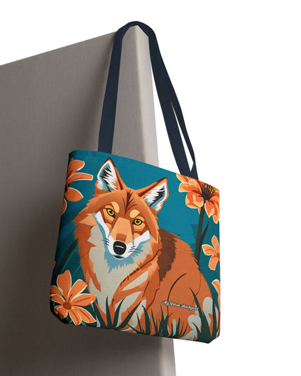 Coyote with Flowers Tote Bag with Cotton Handles For Everyday Use, 3 Sizes