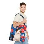 Cat with Red and White Flowers, Tote Bag with Cotton Handles For Everyday Use, 3 Sizes