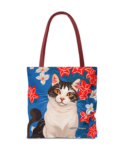 Cat and Red White & Blue Flowers Tote Bag with Cotton Handles For Everyday Use, 3 Sizes