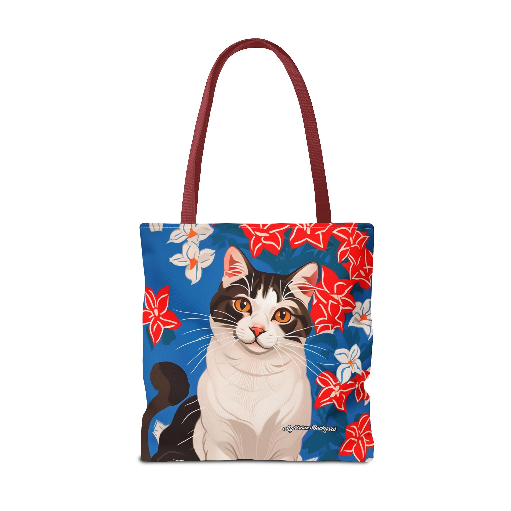 Cat with Red and White Flowers, Tote Bag with Cotton Handles For Everyday Use, 3 Sizes