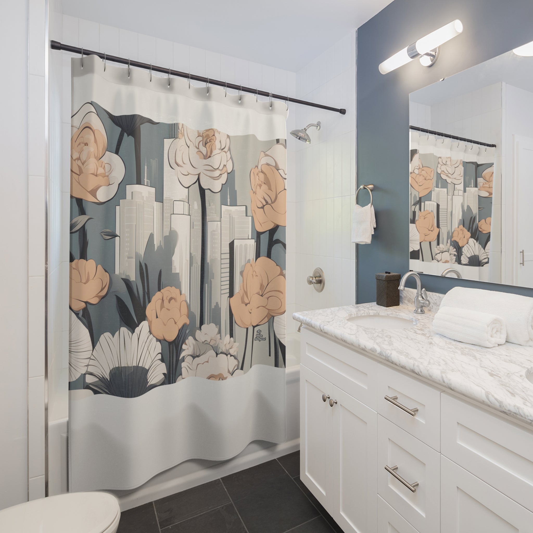 Cream Shower Curtain with Urban Flowers - 71" x 74"