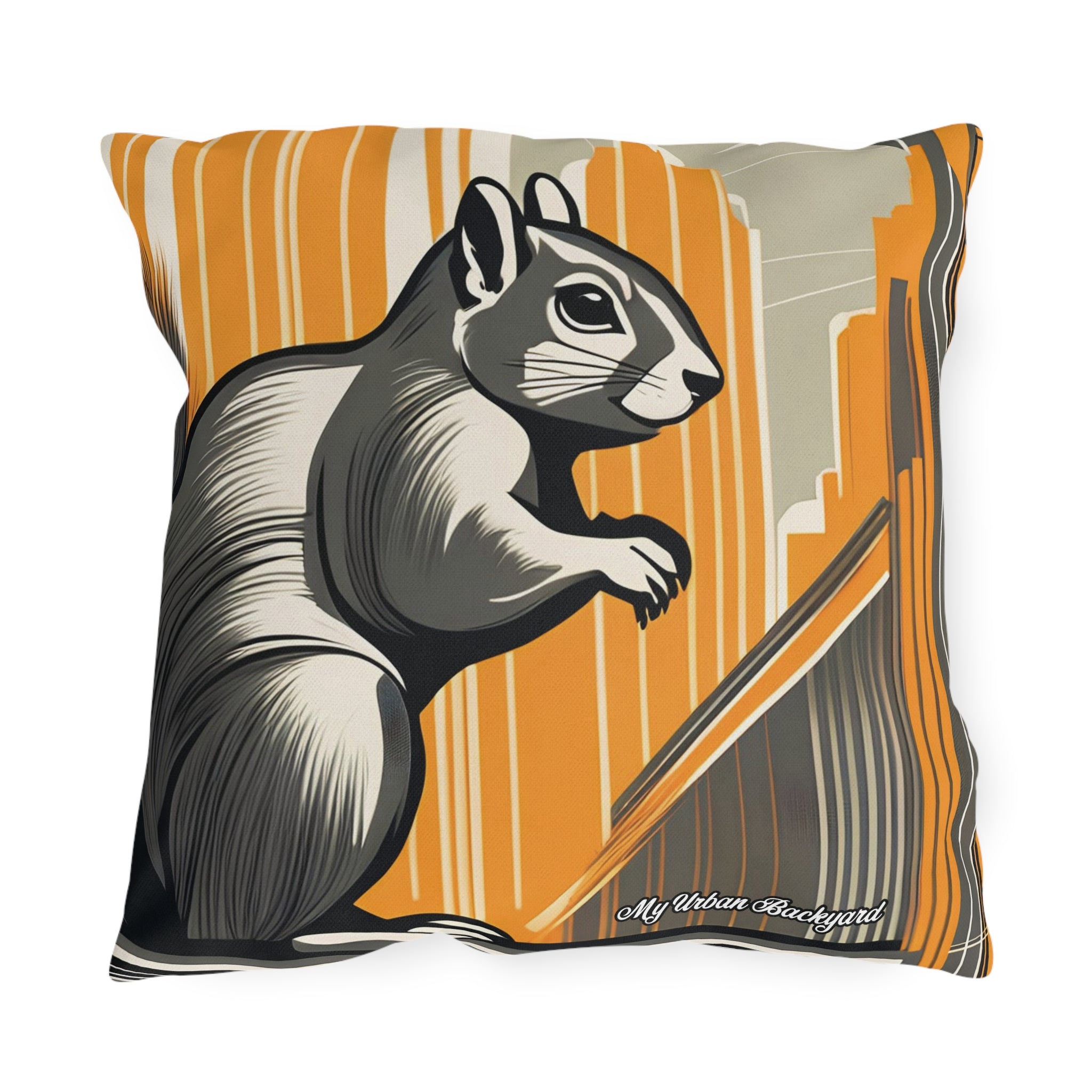 Art Deco Squirrel, Black accent color, Throw Pillow, Indoor/Outdoor Decor for Home or Office