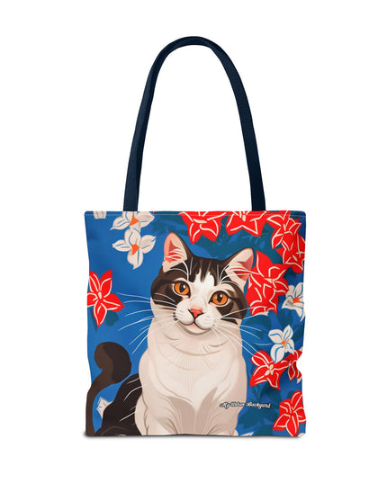 Cat and Red White & Blue Flowers Tote Bag with Cotton Handles For Everyday Use, 3 Sizes