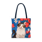 Cat with Red and White Flowers, Tote Bag with Cotton Handles For Everyday Use, 3 Sizes