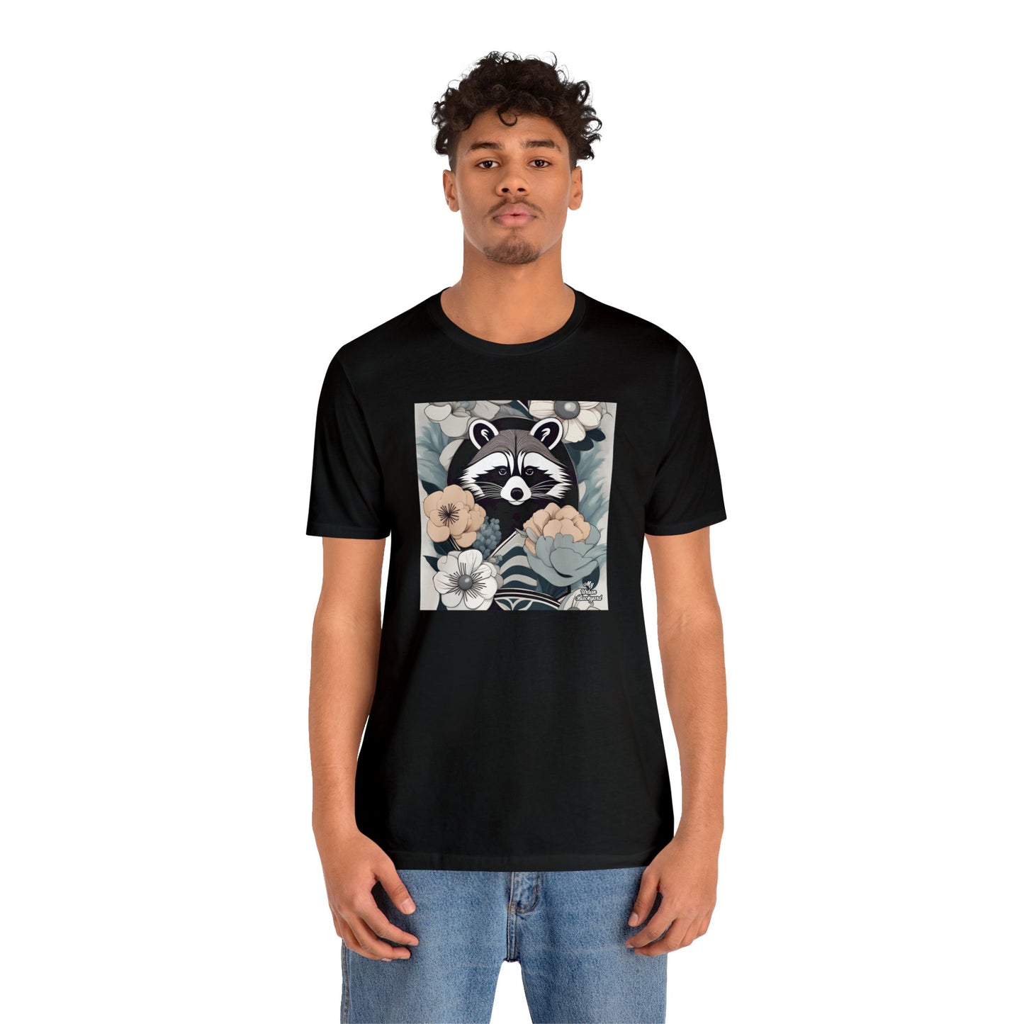 Art Deco Raccoon with Flowers, Soft 100% Jersey Cotton T-Shirt, Unisex, Short Sleeve, Retail Fit