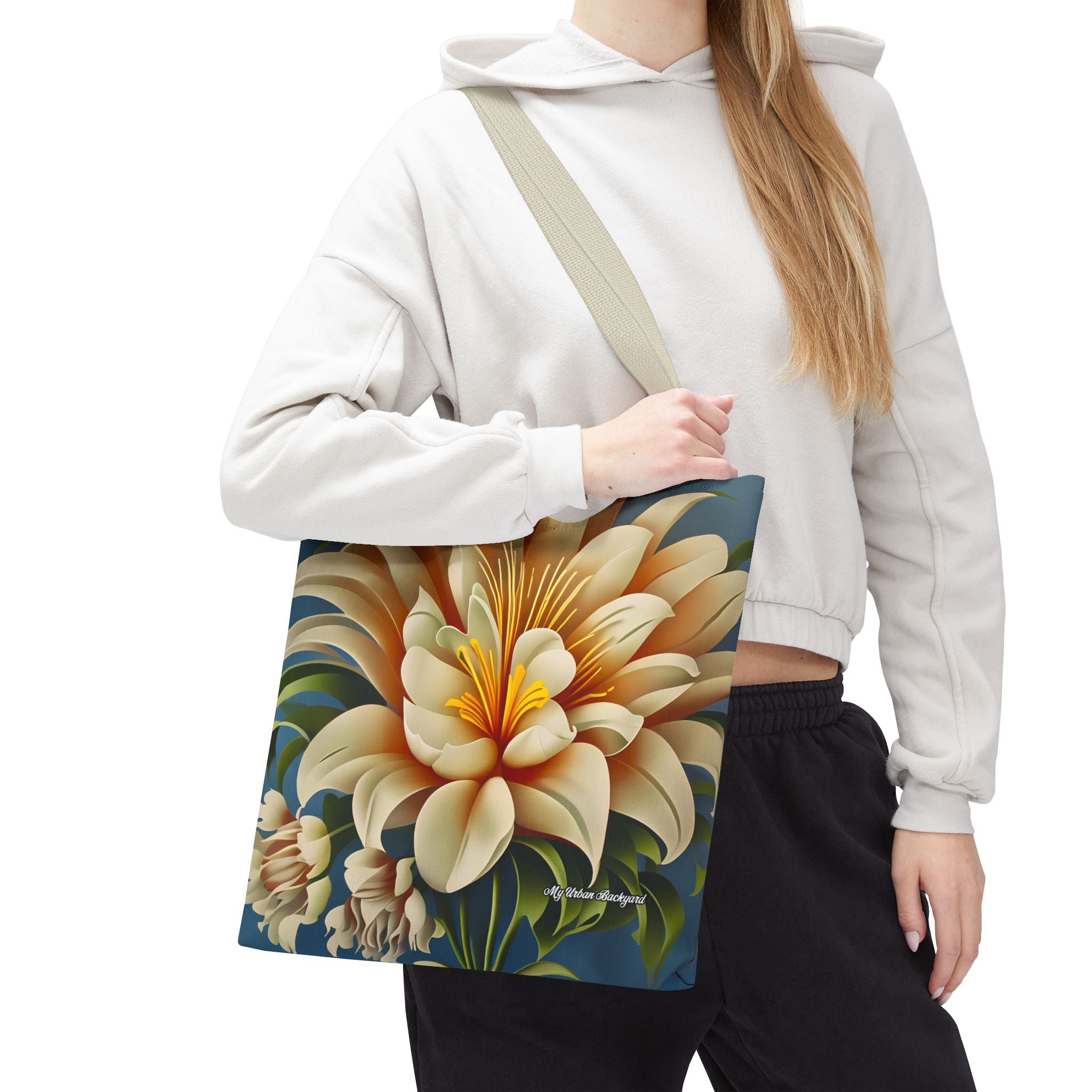 Large White Flower Tote Bag with Cotton Handles For Everyday Use, 3 Sizes