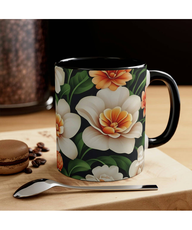 Ceramic Mug for Coffee, Tea, Hot Cocoa. Home/Office, White Flowers