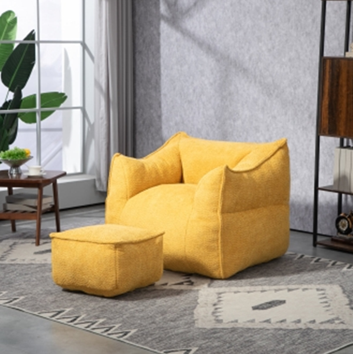 High Back Bean Bag Chair Lazy Sofa With Footstool, Comfortable Lounger, Mustard yellow