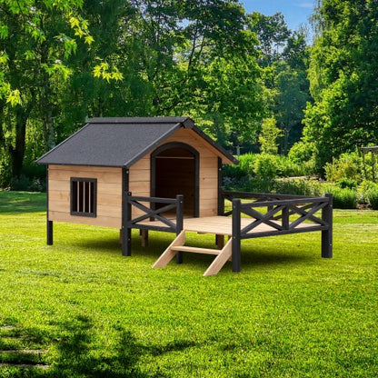 Outdoor Large Cabin Style Wooden Dog House With Porch, Backyard Shelter for Animals