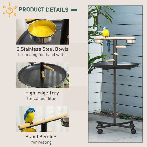 Cageless Bird Feeder Station, Portable Parrot Perch With Four Wheels, Stainless Steel Feeding Bowls, Round Tray, Grey