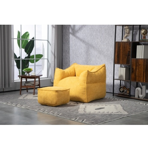 High Back Bean Bag Chair Lazy Sofa With Footstool, Comfortable Lounger, Mustard yellow