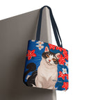 Cat with Red and White Flowers, Tote Bag with Cotton Handles For Everyday Use, 3 Sizes