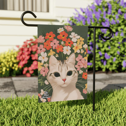White Cat and Flowers, Garden Flag for Yard, Patio, Porch, or Work, 12"x18" - Flag only
