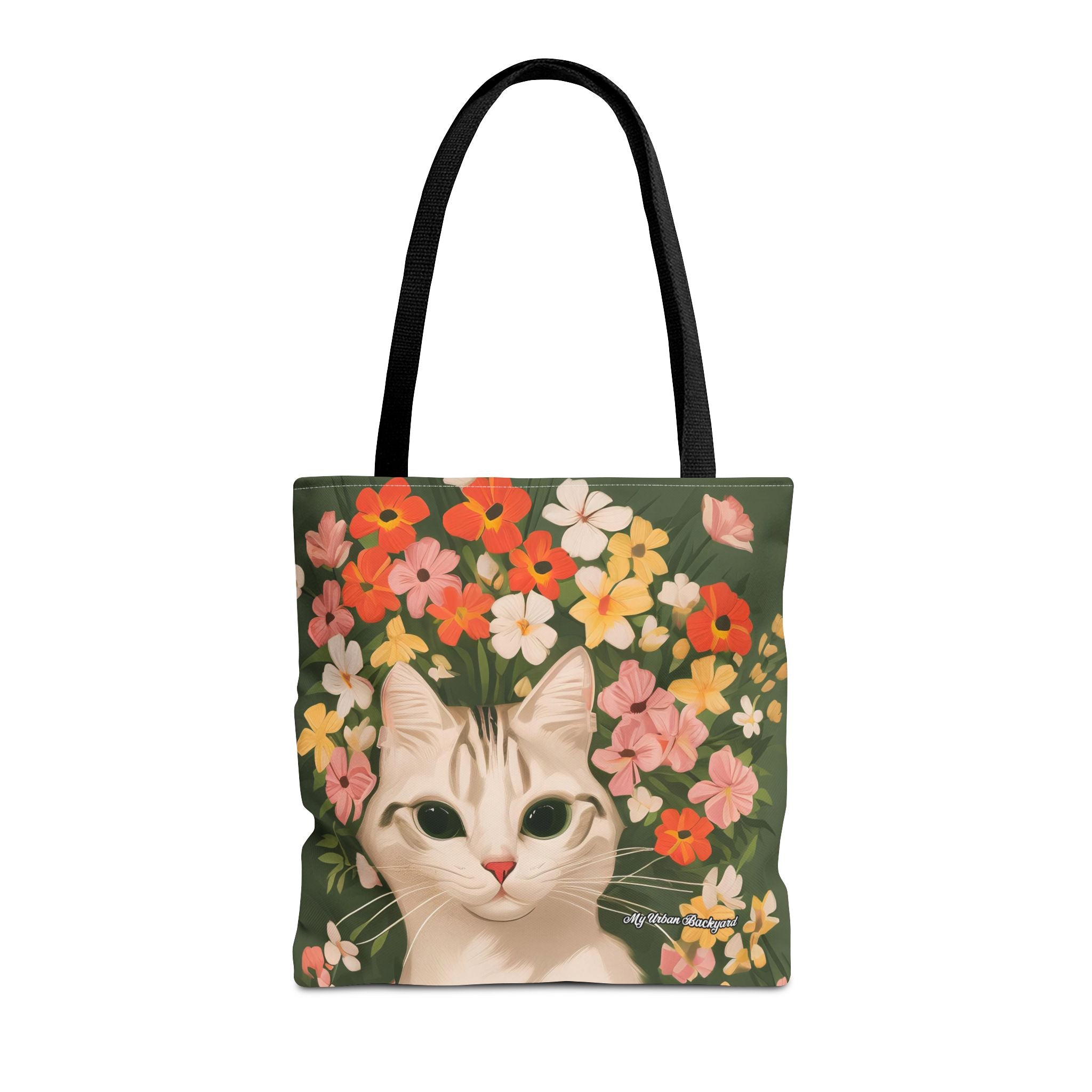White Cat with Flowers Tote Bag with Cotton Handles For Everyday Use, 3 Sizes