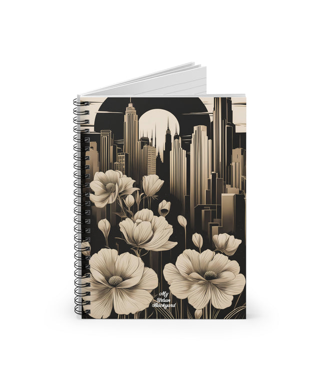 Urban Moon with Flowers, Spiral Notebook Writing Journal - 118 Ruled Pages
